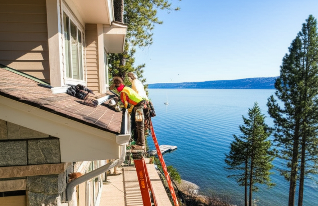 Professional gutter installation on lakefront home in Coeur d'Alene, Idaho