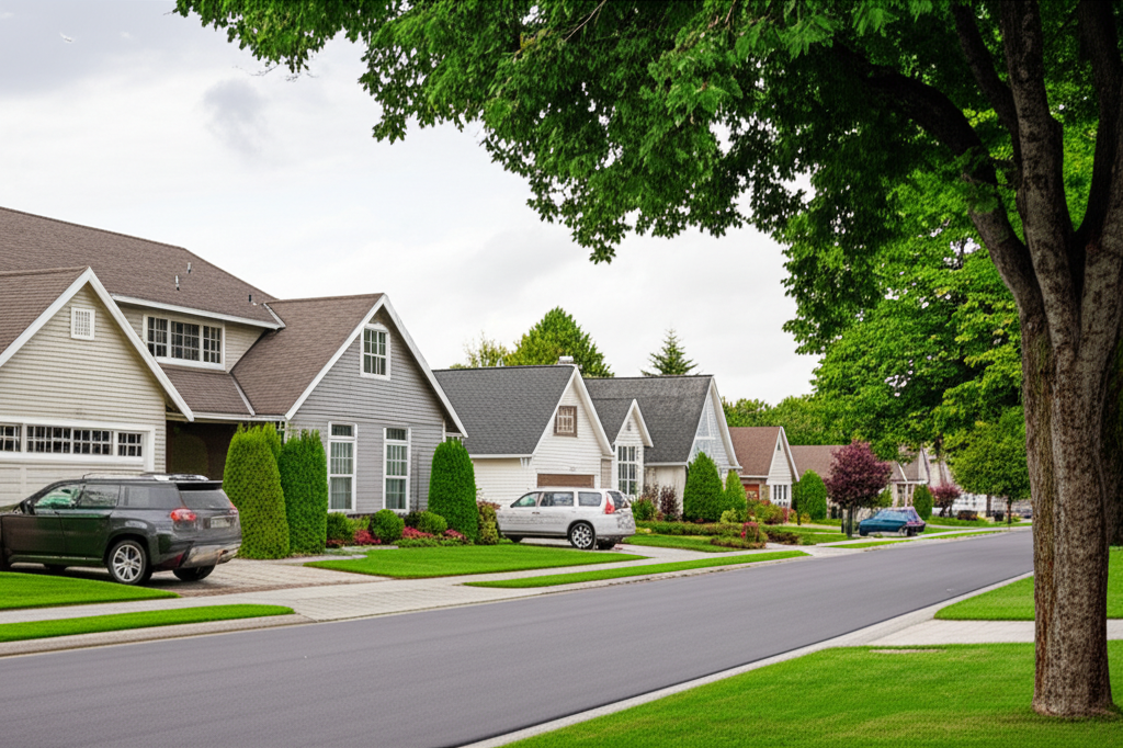 Gutter installation on Country Homes suburban property with mature landscaping