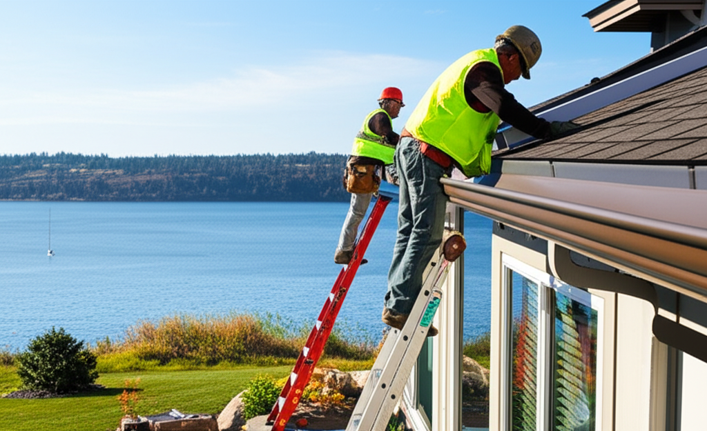 Professional gutter installation on lakefront home in Hayden, Idaho
