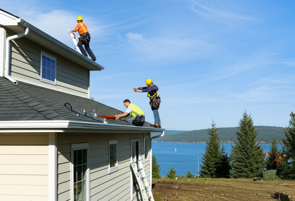 Professional gutter installation on lakefront home near Hayden Lake, Idaho