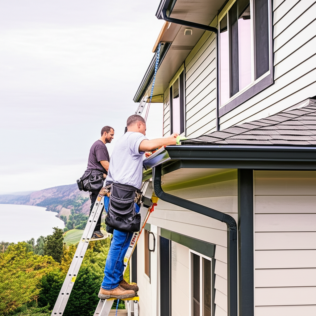 Professional gutter installation on new construction home in Post Falls, Idaho
